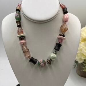 Jay Strongwater Vintage Pink Brown Greek Glass Floral Beaded Boho Necklace new